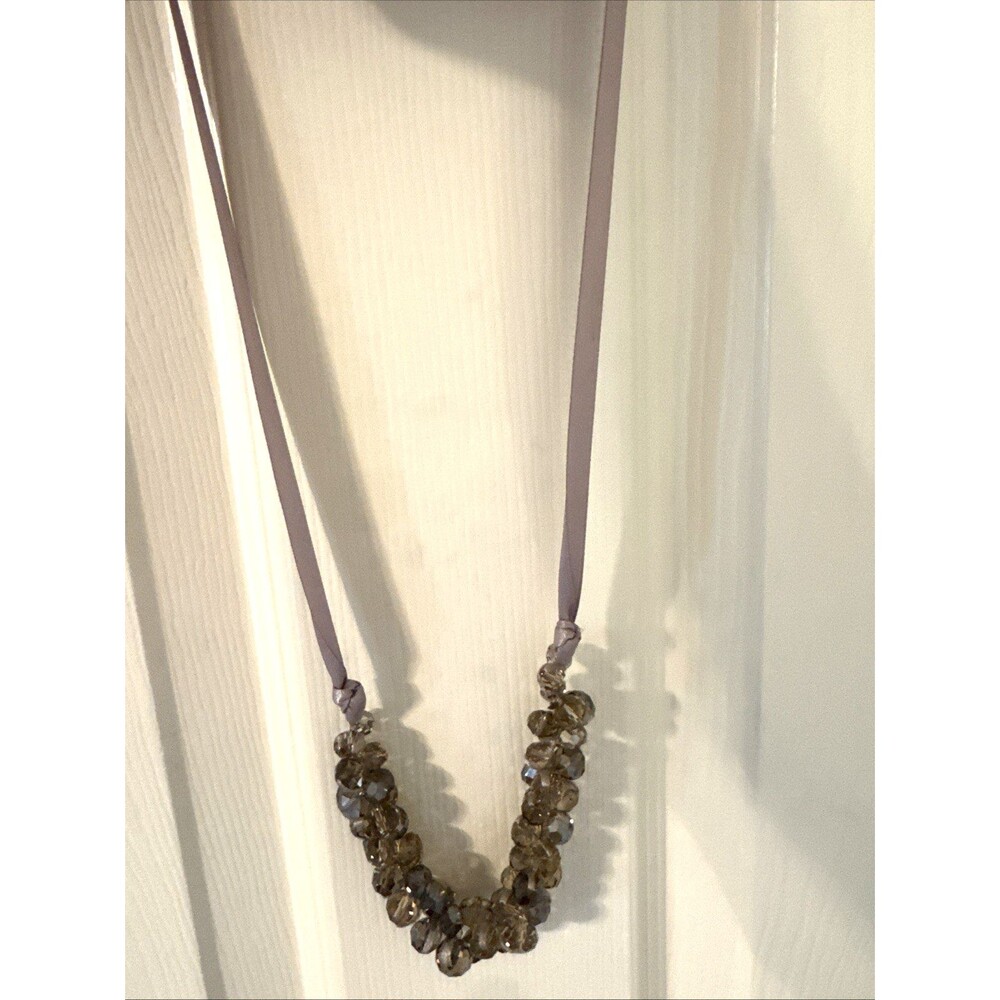 Ann Taylor Loft Smoky Grey Faceted Crystal Beaded Satin Ribbon Necklace 15.5 In